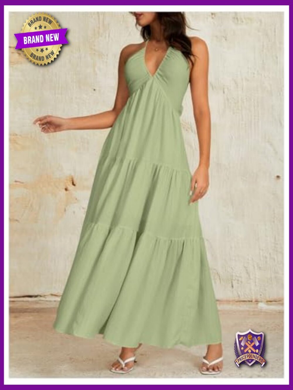 Backless Halter Maxi Dress Tiered Flowy Boho Beach Wed Guest - Picture 3 of 7
